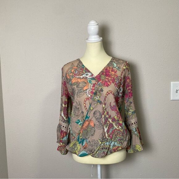 Spense Floral Paisley Colorful Boho Bell Sleeve Blouse Women's Size Small - Picture 9 of 16